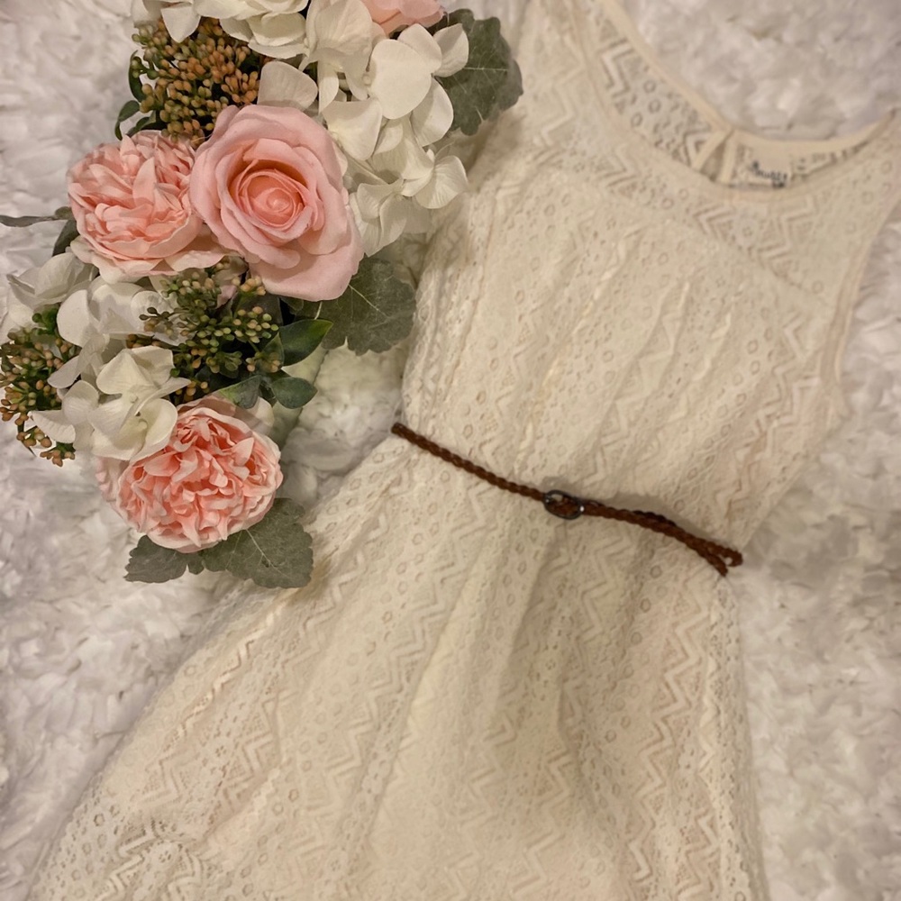 Mudd white lace dress with a braided brown belt.
